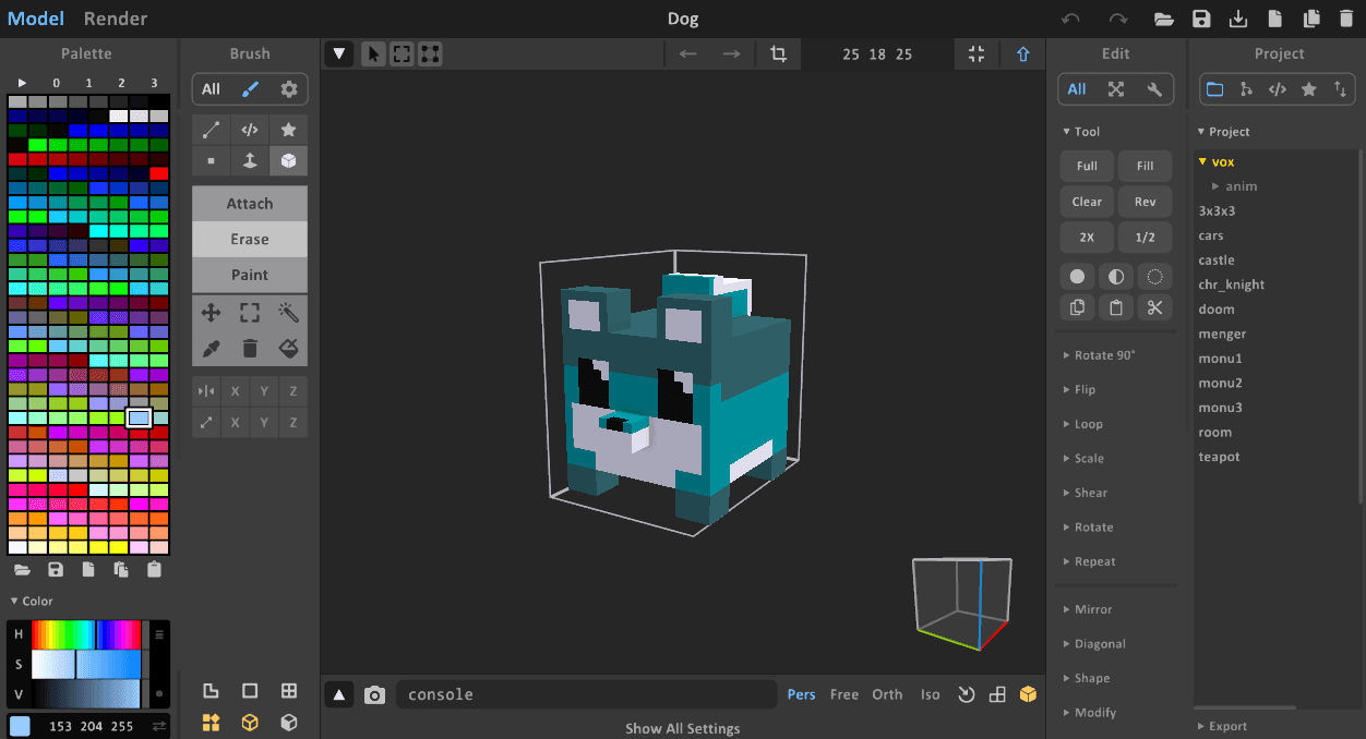 A voxel dog character rendered on a plain background.