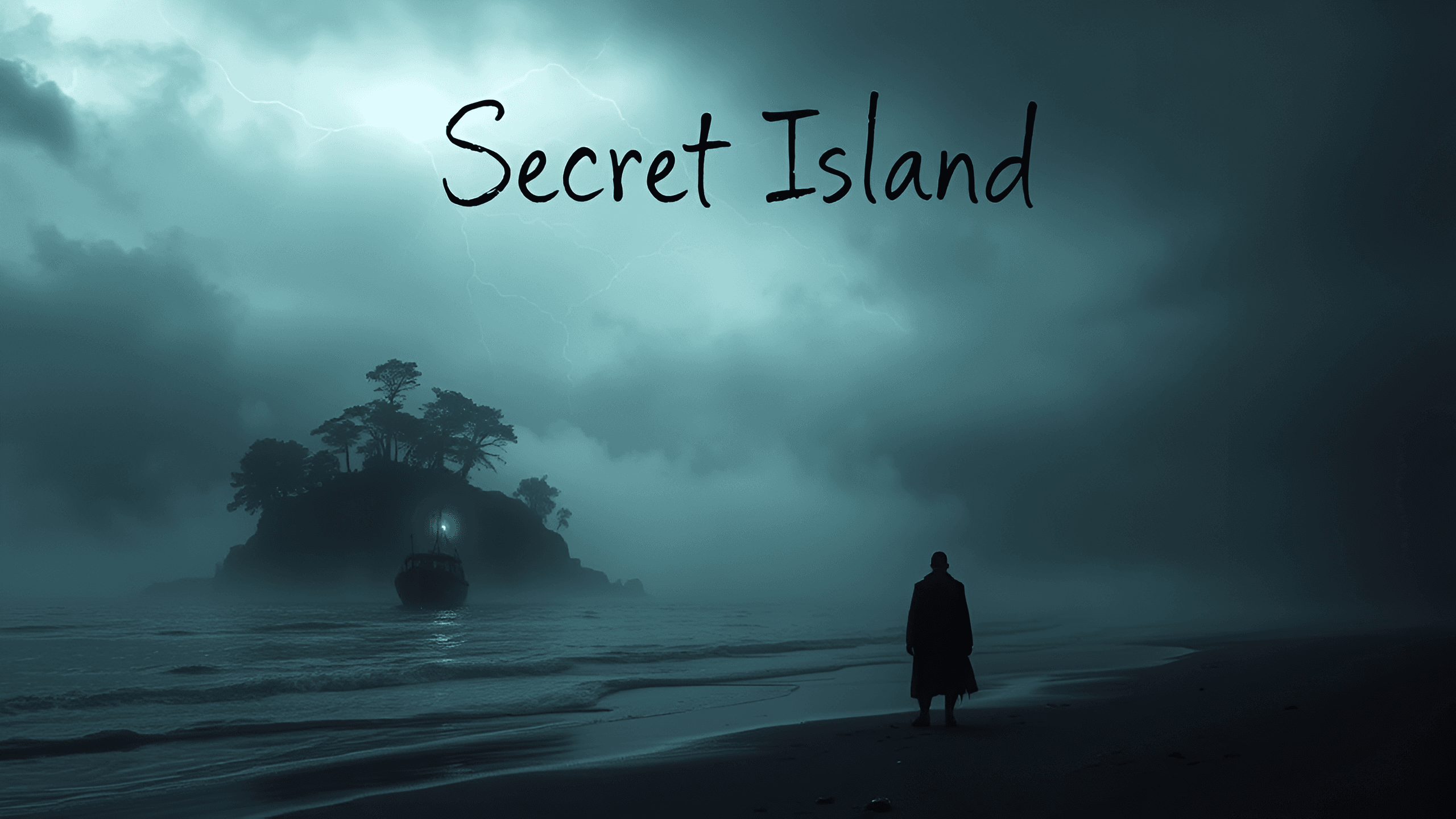 Key art for Secret Island: a dim island silhouette under heavy sky.